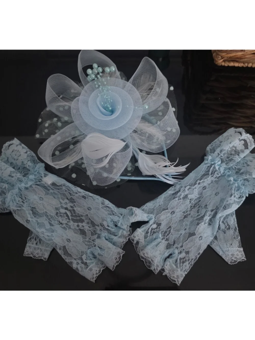 Light Blue Lace Bridal Gloves and Fascinator Set